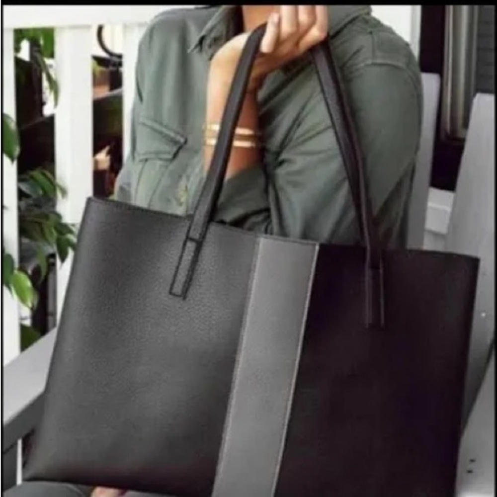 NEW VINCE CAMUTO  Black & Gray Tote Bag LUX VEGAN LEATHER 17 x 12 w Dustbag - Picture 3 of 11